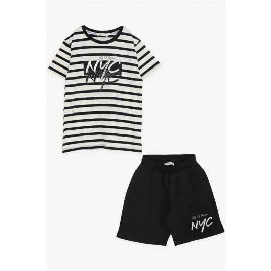 Boys Shorts Suit Striped Letter Printed Pocket Ecru (8-14 Years)