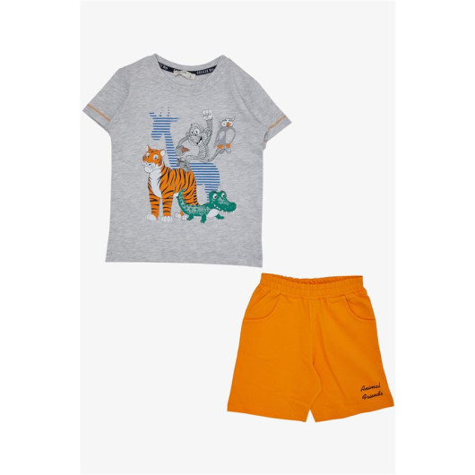 Boy's Shorts Set Friendship Themed Animal Printed Light Gray Melange (Age 1.5-5)