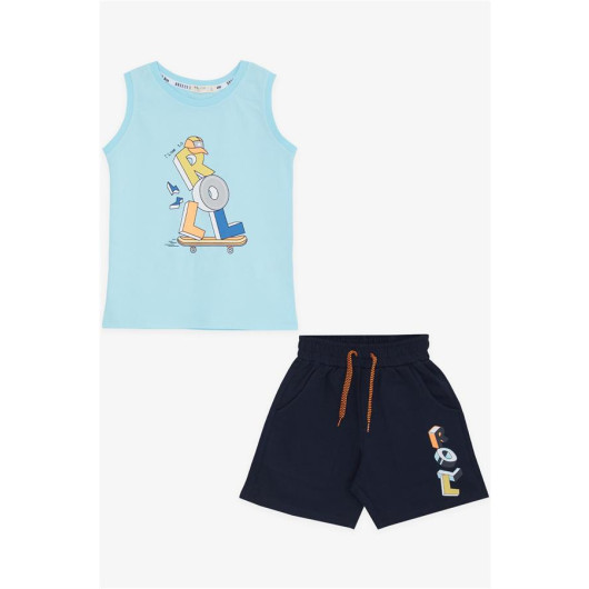 Boys Shorts Suit Skateboarder Cool Letters Printed Light Blue (1-4 Years)