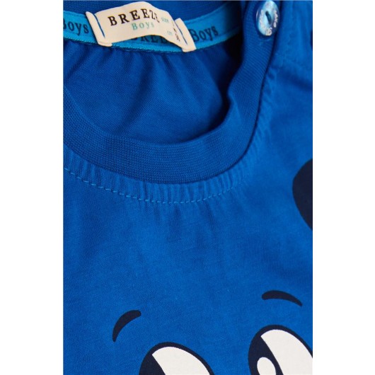 Boy's Shorts And T-Shirt Set With Kitty Printed Shoulder Buttons, Blue (1-4 Years)