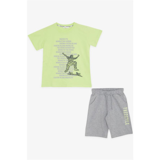 Boys Shorts Set Sports Themed Text Printed Pistachio Green (8-14 Years)