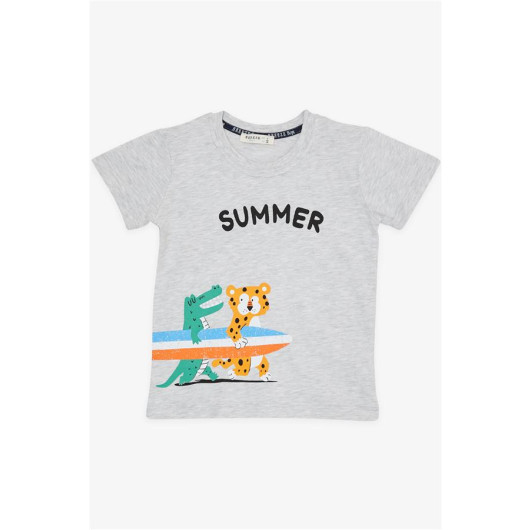 Boy's Short Set Summer Themed Surfer Animals Printed Light Gray Melange (1-4 Years)
