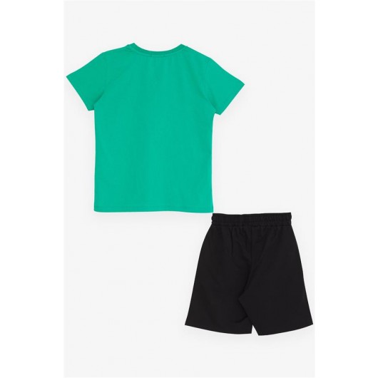 Boys Shorts Set Text Printed Pockets Lace Accessory Green (8-14 Years)