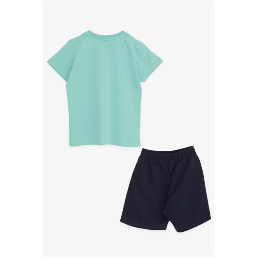 Boy's Shorts Suit With Text Printed Pockets, Water Green (Age 8-9)