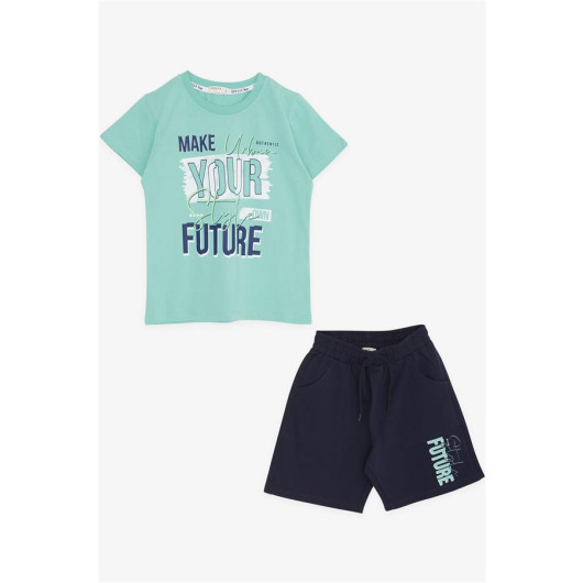 Boy's Shorts Suit With Text Printed Pockets, Water Green (Age 8-9)
