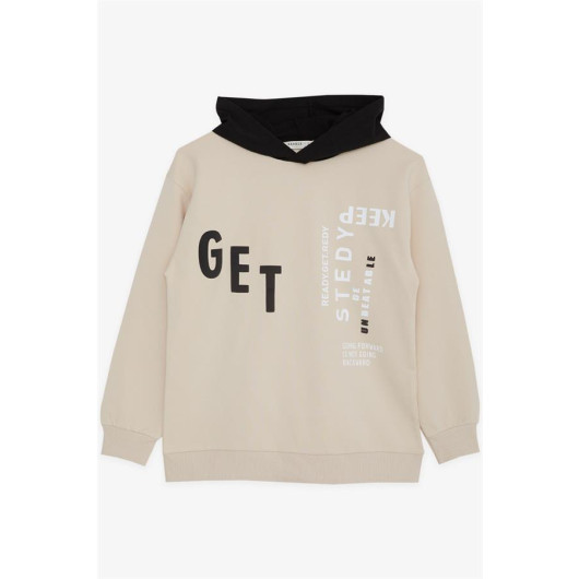 Boy's Sweatshirt Hooded Text Printed Beige (Ages 8-14)