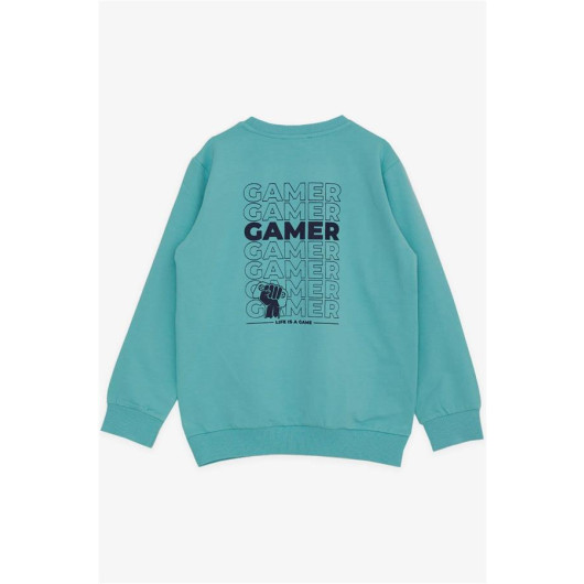 Boy's Sweatshirt With Text Printed Coat Of Arms, Water Green (Ages 8-14)