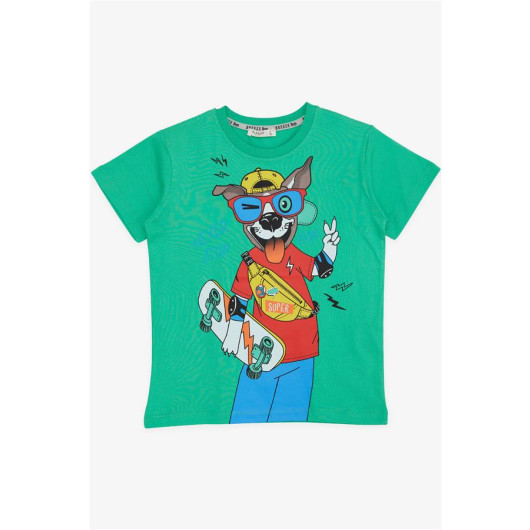 Boys T-Shirt Crazy Skateboarder Puppy Printed Green (5-10 Years)