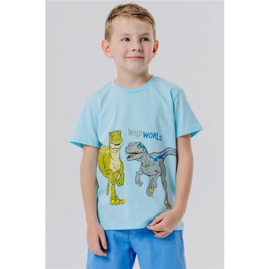 تي شيرت للأولاد مزين برسمة ديناصور لون ازرق فاتح (5-10 سنوات)