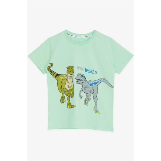 تي شيرت للأولاد مزين برسمة ديناصور لون أخضر مائي (5-10 سنوات)