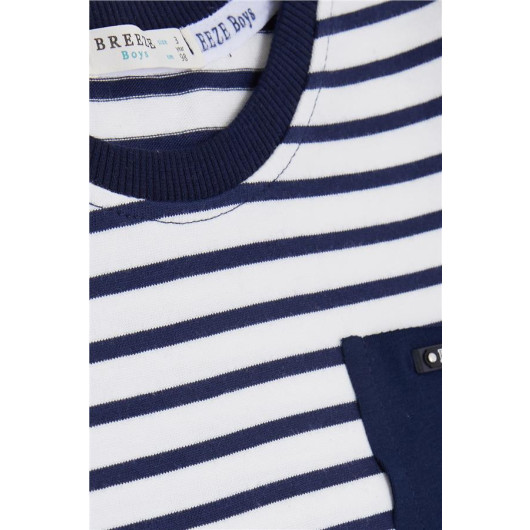 Boy's Long Sleeved T-Shirt Striped Pockets Navy Blue (6 Years)