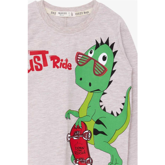 Boy's Long Sleeve T-Shirt Dinosaur Printed Beige Melange (2 Years)