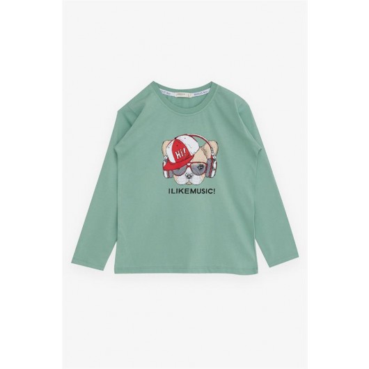Boy's T-Shirt With Long Sleeves Printed, Light Green (4-8 Years)