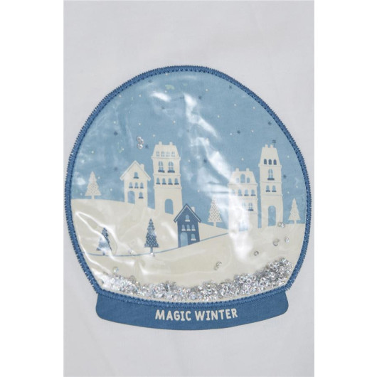 Boy's Long Sleeve T-Shirt Magic Snow Globe Printed Ecru (Ages 4-8)