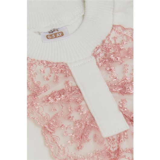 Baby Girl 3-Piece Set, Teddy Bear Printed, Laced, Snap Fastener, Dusty Rose (0-9 Months)
