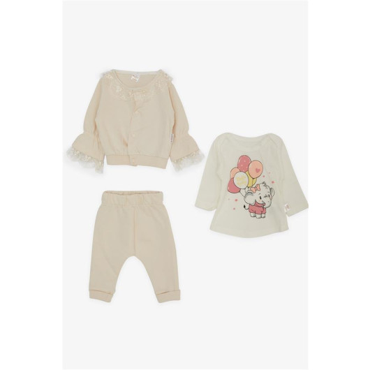Baby Girl 3-Piece Set With Balloon Elephant Print, Snap On Collar And Laced Sleeves, Cream (0-9 Months)