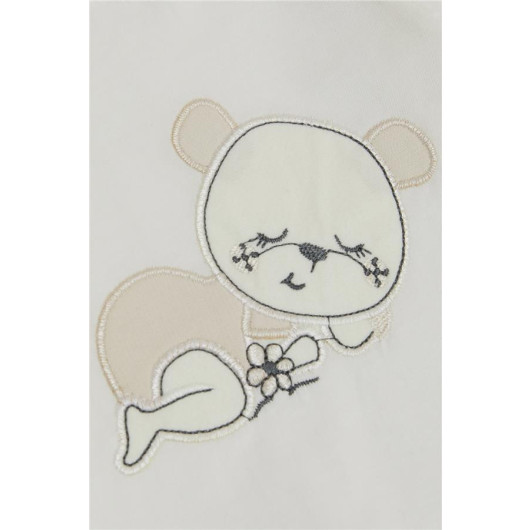 Baby Girl 3-Piece Set Sleepy Bear Embroidered Guipure Detailed Cream (0-9 Months)
