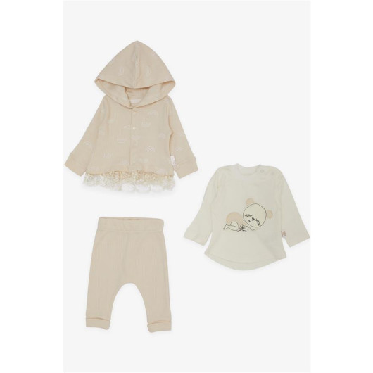 Baby Girl 3-Piece Set Sleepy Bear Embroidered Guipure Detailed Cream (0-9 Months)