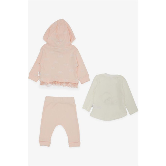 Baby Girl 3-Piece Set Sleepy Bear Embroidered Guipure Detailed Salmon (0-9 Months)