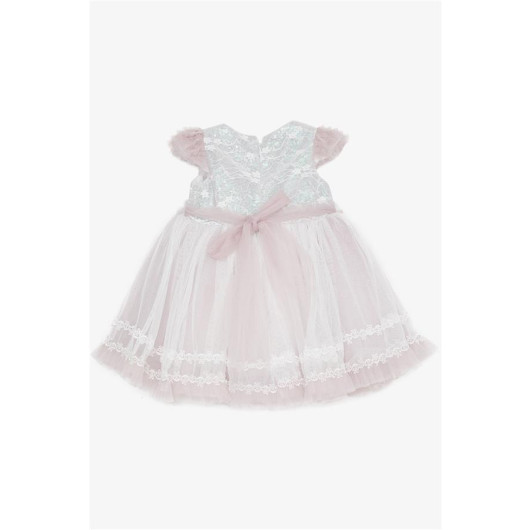 فستان بناتي لحديثات الولادة مزين بالتول والدانتيل وبورد اكسسوار لون ليلكي (6 اشهر -2 سنة)