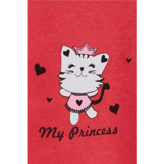 Baby Girl Snap Snap Body Princess Kitten Printed Coral (9 Months-3 Years)