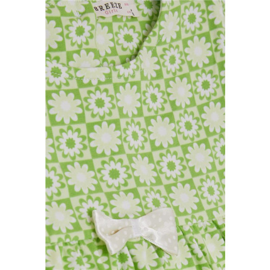 Baby Girl Dress Zipped Floral Patterned Bow Pistachio Green (9 Months-3 Years)