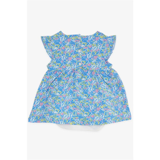 Baby Girl Dress Zipped Floral Patterned Bow Blue (9 Months-3 Years)