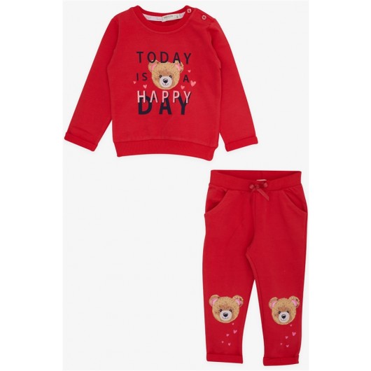 Baby Girl Tracksuit Set Happy Teddy Bear Printed Pomegranate (4 Months-1.5 Years)