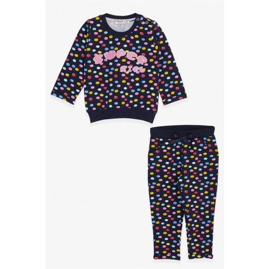 Baby Girl Tracksuit Set Colored Polka Dot Patterned Navy (6 Months-2 Years)
