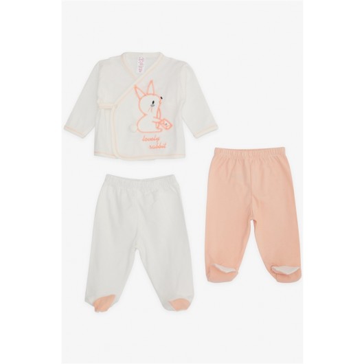 Baby Girl Hospital Exit 3 Pieces Rabbit Embroidered Ecru (0-3-4 Months)