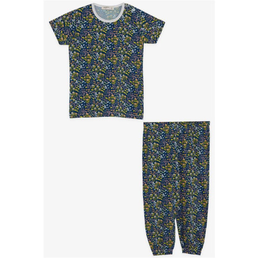 Baby Girl Short Sleeve Pajama Set Floral Patterned Navy Blue (9 Months-3 Years)