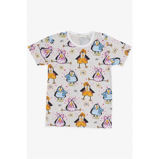 Baby Girl Short Sleeve Pajama Set Crazy Penguin Pattern Beige Melange (9 Months-3 Years)