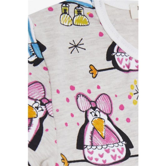 Baby Girl Short Sleeve Pajama Set Crazy Penguin Pattern Beige Melange (9 Months-3 Years)