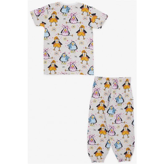 Baby Girl Short Sleeve Pajama Set Crazy Penguin Pattern Beige Melange (9 Months-3 Years)