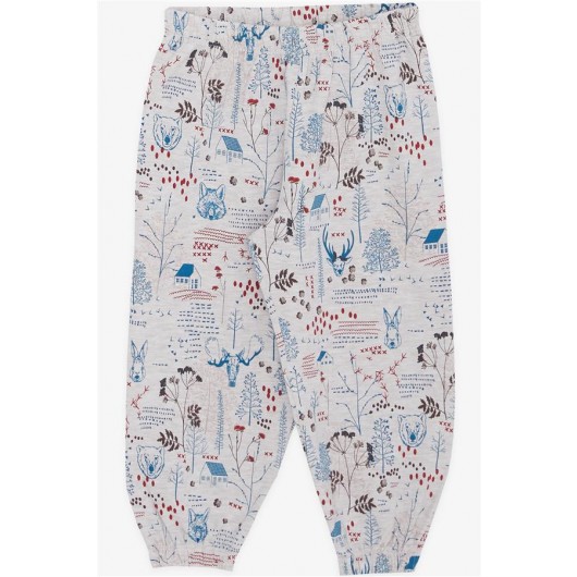 Baby Girl Short Sleeve Pajama Set Nature Themed Animal Pattern Beige Melange (9 Months-3 Years)