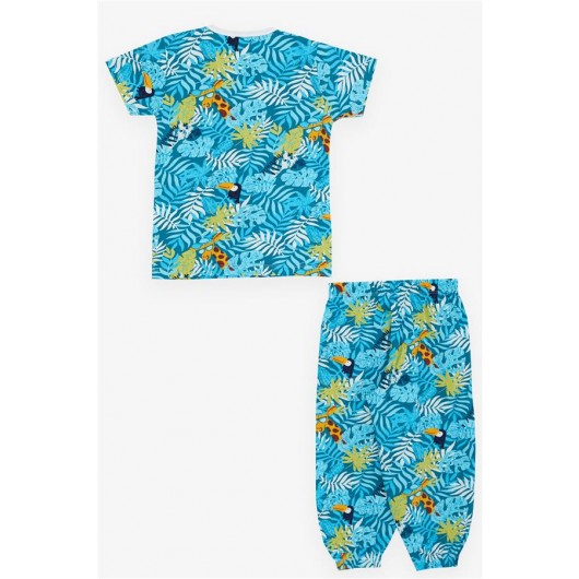 Girls Pajama Set With Short Sleeves, Safari Print, Turquoise (9Mths-3Yrs)