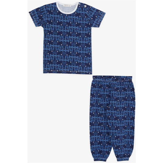 Baby Girl Short Sleeve Pajamas Set Cute Gazelle Pattern Nature Themed Navy Blue (9 Months-3 Years)