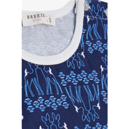 Baby Girl Short Sleeve Pajamas Set Cute Gazelle Pattern Nature Themed Navy Blue (9 Months-3 Years)