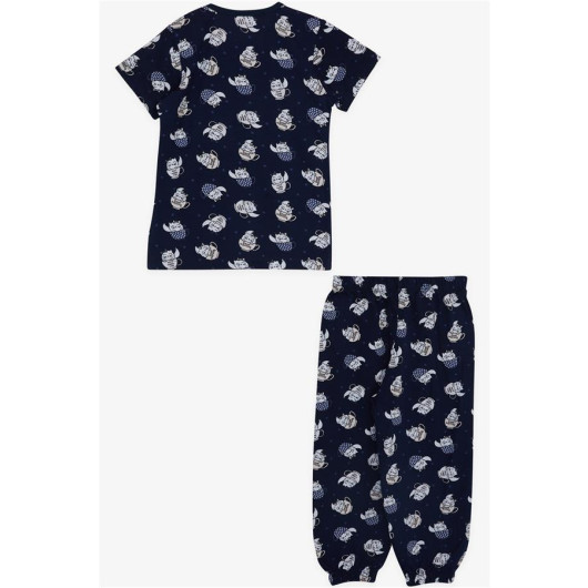 Baby Girl Short Sleeve Pajama Set Cute Kitten Patterned Navy Blue (9 Months-3 Years)