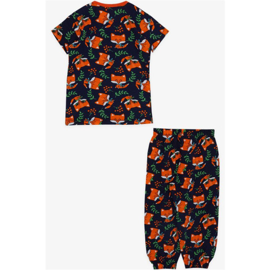 Baby Girl Short Sleeve Pajama Set Fox Patterned Navy Blue (9 Months-3 Years)