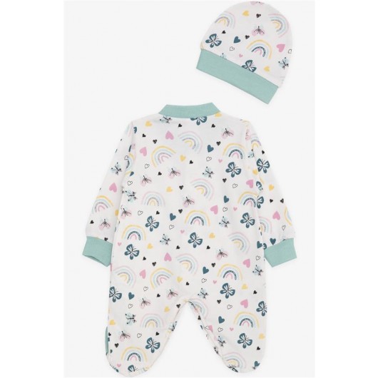 Baby Girl Booties Jumpsuit Spring Themed Butterfly Patterned Ecru (0-3 Months-6 Months)