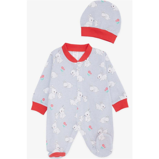 Baby Girl Booties Jumpsuit Spring Themed Bunny Patterned Ice Blue (0-6 Months)