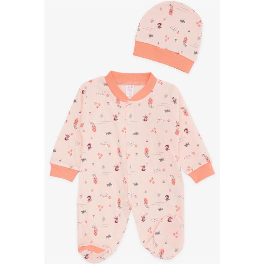 Baby Girl Booty Jumpsuit Forest Themed Girl Patterned Salmon (0-6 Months)