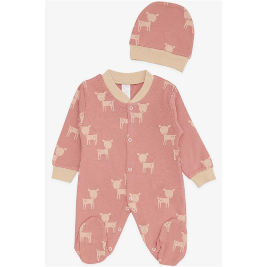Baby Girl Booty Jumpsuit Cute Gazelle Patterned Rosehip (0-3 Months-6 Months)