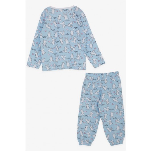 Baby Girl Pajamas Set Fun Bunny Pattern Baby Blue (9 Months-3 Years)