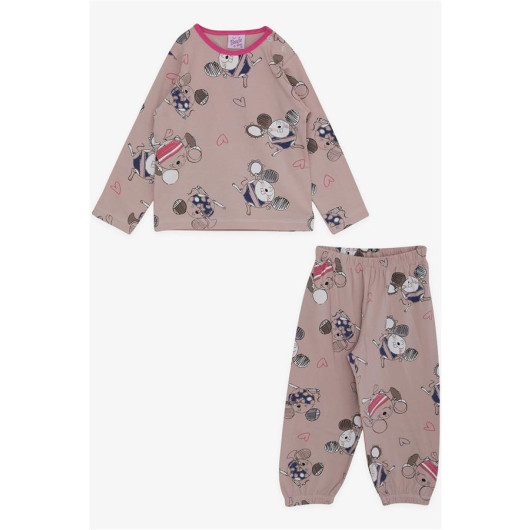 Baby Girl Pajama Set, Cute Mouse Patterned Powder (9 Months-3 Years)
