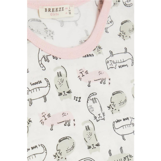 Baby Girl Shorts Pajama Set Kitten Patterned White (9 Months-3 Years)