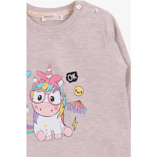Baby Girl Sweatshirt With Glasses Unicorn Printed Beige Melange (1-4 Years)