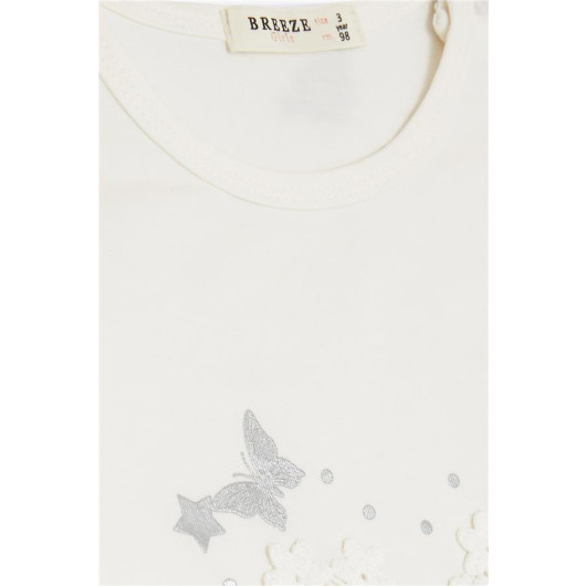 Baby Girl T-Shirt Butterfly Printed Embroidered Ecru (9 Months-3 Years)