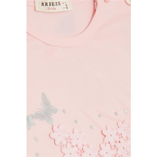 Baby Girl T-Shirt Butterfly Printed Embroidered Pink (9 Months-3 Years)
